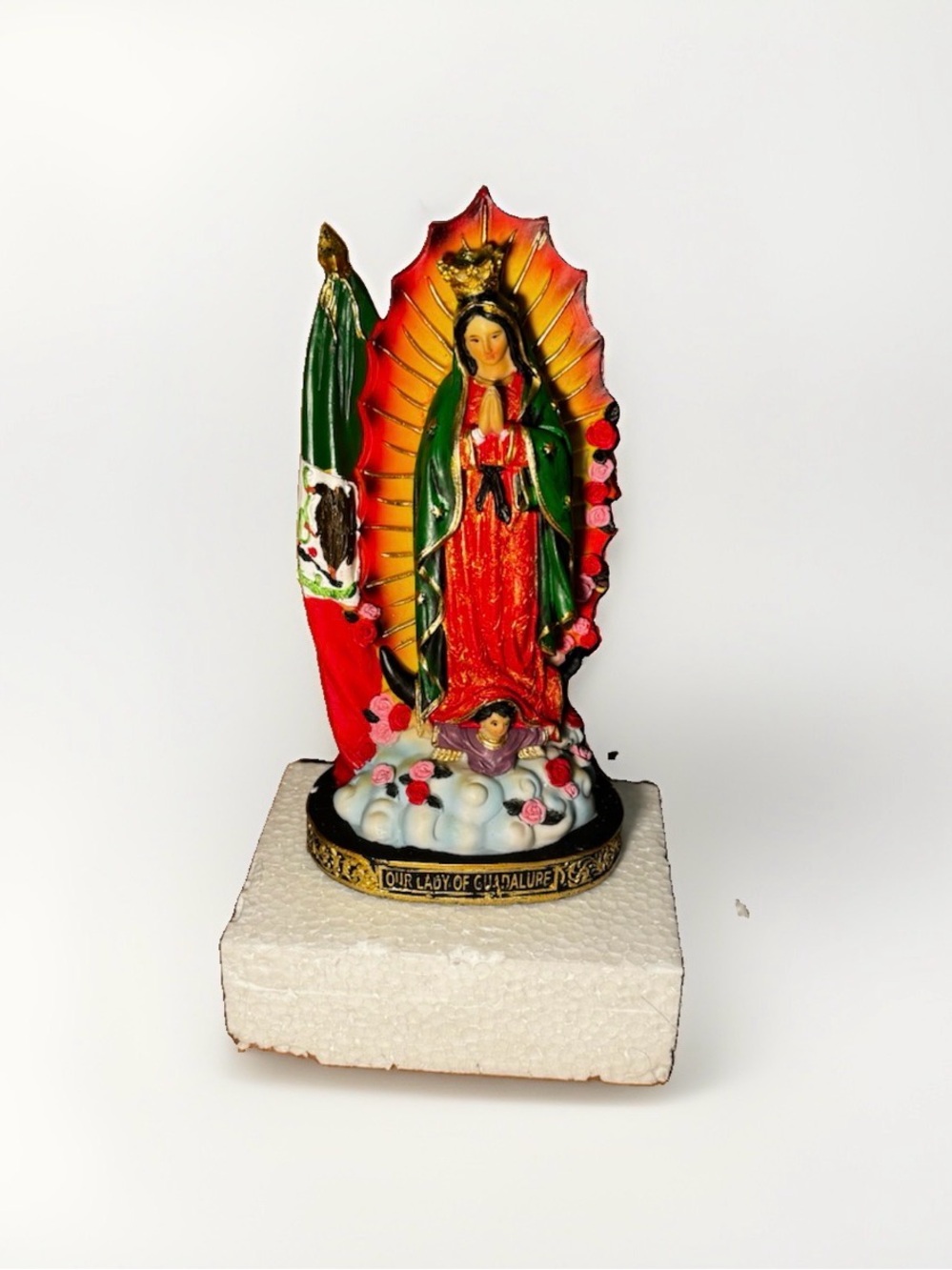 Our Lady of Guadalupe Statue with Mexican Flag - Red & Green 9”